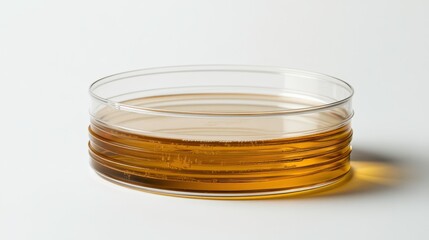 Transparent Petri Dish Containing Amber Liquid on White Background Ideal for Scientific Research, Laboratory Experiments, Microbiology Studies, and Educational Purposes