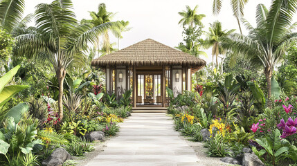 Luxurious tropical hideaway hotel surrounded by lush greenery and flowers