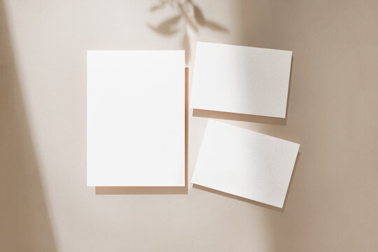 Blank wedding invitation cards set mock up on modern bright background