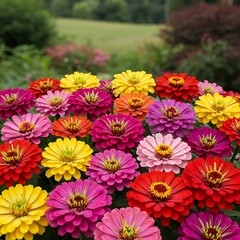 summer Beautiful  bed in a large number various zinnias grow and blossom