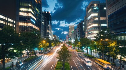 Fototapeta premium Dynamic nighttime traffic flow in vibrant city streets urban area photography cityscape aerial view motion