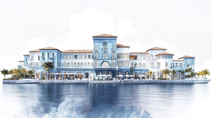 Obraz premium Luxurious sea facing hotel with nautical aesthetics and palm trees