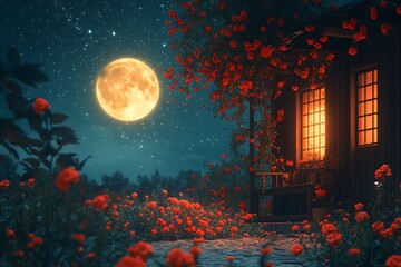 Obraz premium Romantic night scene - Beautiful pink flower blossom in night skies with full moon. - Retro style artwork with vintage color tone.