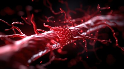 A close-up view of red blood vessels showcasing intricate details, emphasizing the complex structure and fluid dynamics within the human circulatory system.