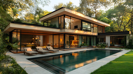 Fototapeta premium A beautiful photography of a minimalist home design surrounded by a large green garden, with an L-shaped pool extending along the house and sun loungers positioned for perfect relaxation.