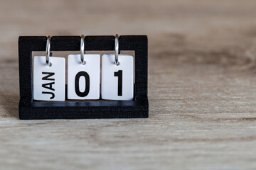 A perpetual desktop calendar on the desk. New Year. January 1st.