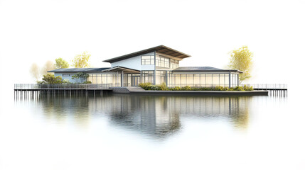 Obraz premium serene lakeside school building surrounded by water and greenery