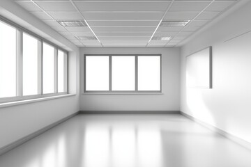 An empty office room, white walls with one window, bright light from the window, minimalist style