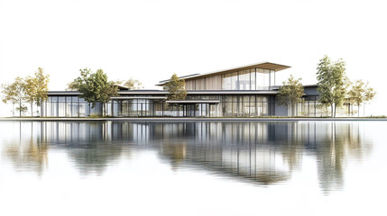 Modern lakeside school building with serene water reflections and trees
