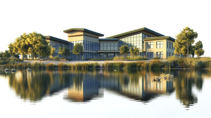Fototapeta premium serene lakeside school building reflecting on calm water, surrounded by greenery