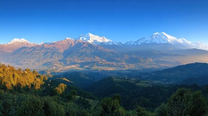 Panoramic view of snow-capped Himalayan mountain range at sunrise, overlooking lush green valley.