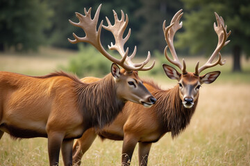 Fototapeta premium Two deer with antlers in sunlit meadow