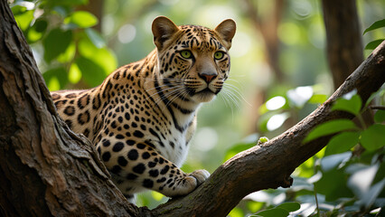 Obraz premium Leopard calmly lying on a tree against green foliage