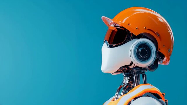 Futuristic Robot Worker with Orange Safety Helmet against Blue Background. Artificial Intelligence in Construction Industry Concept. Industrial Automation Design with Copy Space