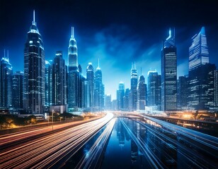 Fototapeta premium Modern city with city scape concept. Wireless network and Connection technology concept with city background at night. Nighttime view of a technologically advanced city.