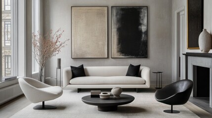 Modern living room with beige sofa, black and white art, and two armchairs.
