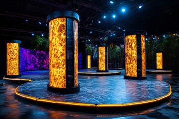 A futuristic festival with holographic performers, glowing neon decorations, and floating stages in a cyberpunk cityscape