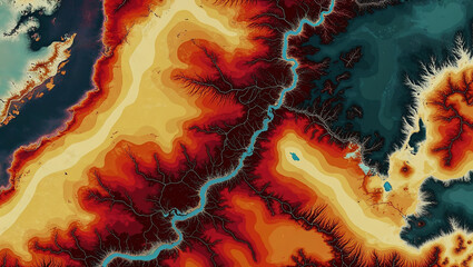 Colorful topographic map showing rivers flowing through desert landscape