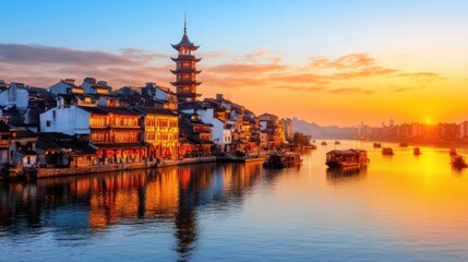 Obraz premium Traditional Chinese Fireworks Display at Sunset