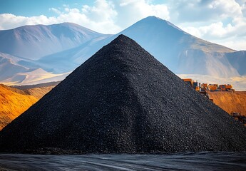 A massive coal pile against a mountainous backdrop