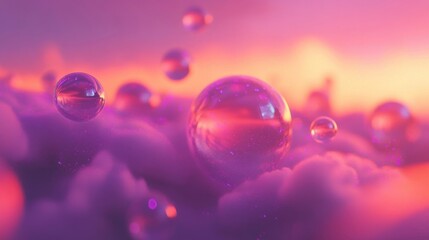 Floating Glass Orbs Above Purple Cloudscape Sunset