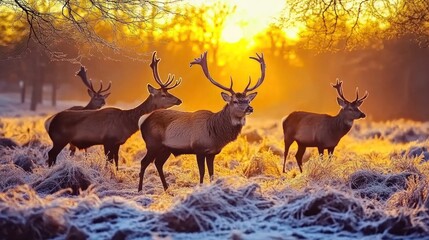 Majestic deer in a frosty sunrise meadow.