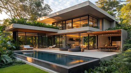 Photography of a modern architectural home with a flat roof, open-plan spaces visible through expansive glass walls, a lush garden wrapping around the property, and a chic pool area.