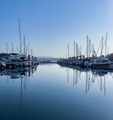 Very calm morning in large marina with many boats quietly in their slips.