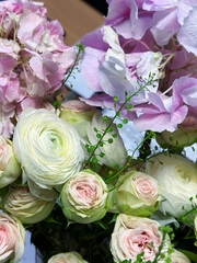 pink flowers and white roses