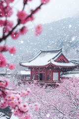 The snow-covered ancient temple, surrounded by blooming plum blossoms, creates an atmosphere of serene beauty and tranquility. 