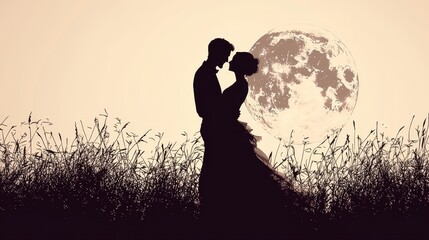 Silhouetted couple under a full moon