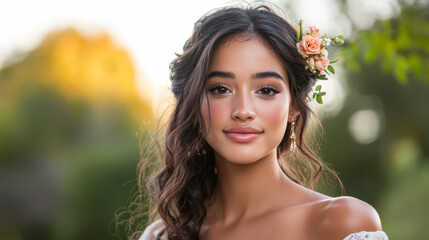 Naklejka premium Young woman with a flower in her hair poses gracefully in a sunlit outdoor setting during a warm afternoon