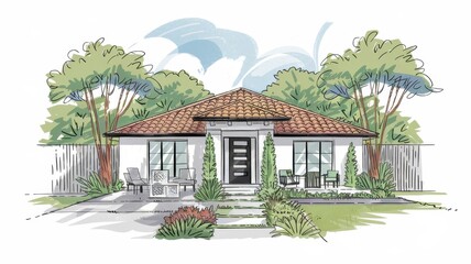 Fototapeta premium Modern Ranch Style House Architectural Sketch Design