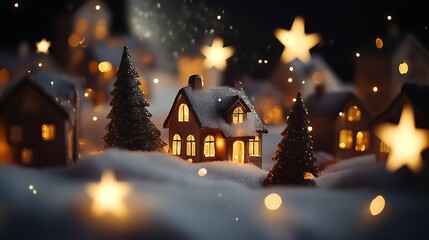 Fototapeta premium Snow-covered Village With Christmas Lights And Snowflakes