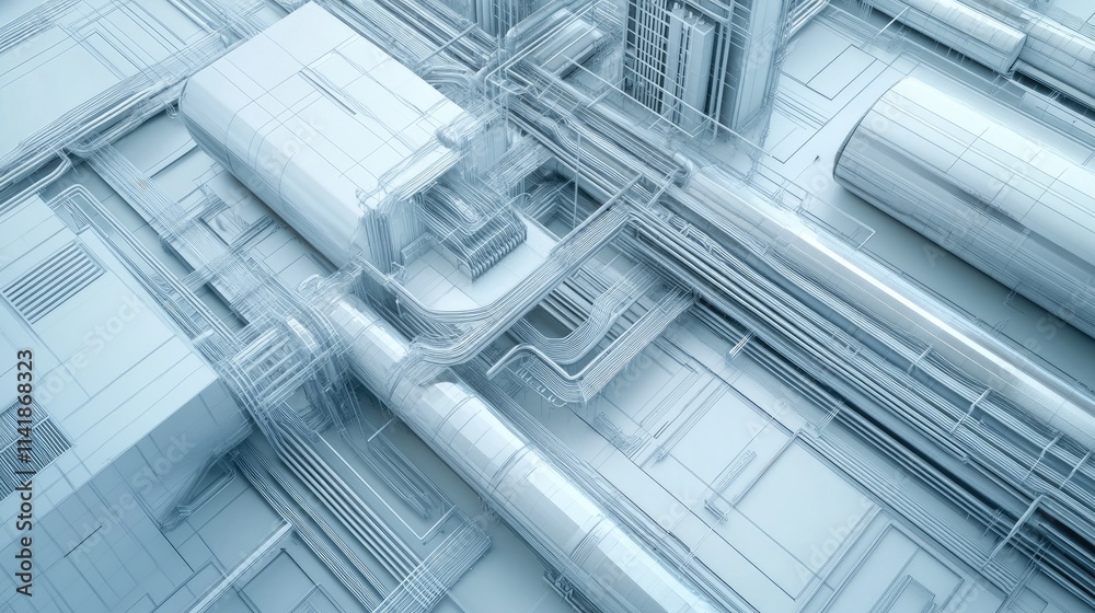 Poster 3d architectural illustration of a ventilation system blueprint, featuring detailed air flow pathway