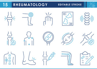 A set of line icons related to Rheumatology. Joint, knee, x-ray, Arthritis, Autoimmune, Gout, Inflammation, tendon, Fibromyalgia, and so on. Vector editable stroke.