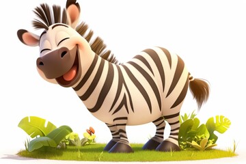 3d zebra standing on the grass illustration, isolated on white background