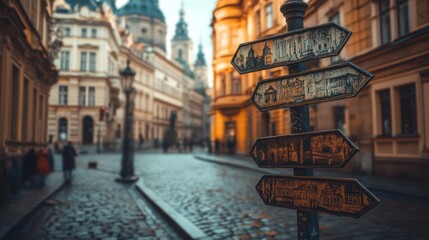 Naklejka premium Antique directional signs in a historic European city street.