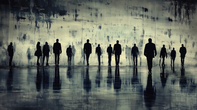 Silhouettes of people walking away in a dark, urban setting. Reflections on a wet floor.