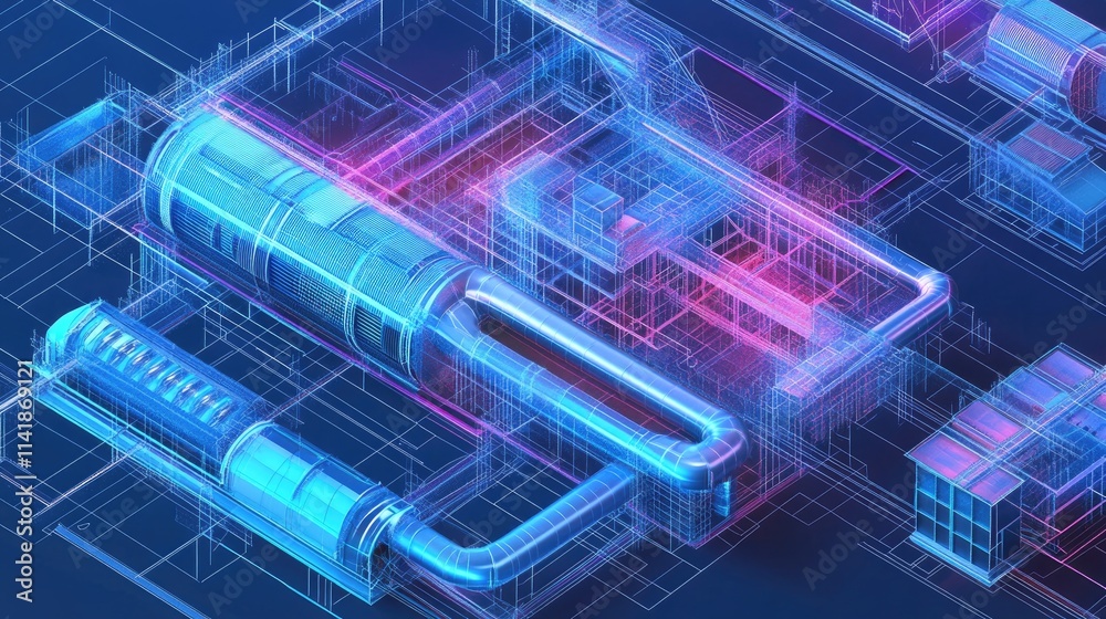 Poster a 3d blueprint illustration of an architectural ventilation system design, showcasing complex engine