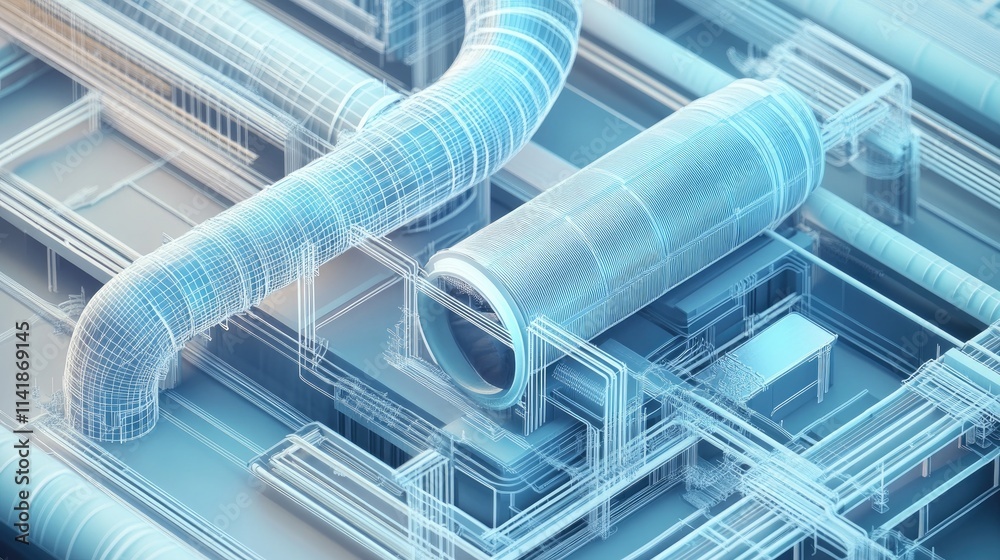 Poster a 3d blueprint illustration of an architectural ventilation system design, showcasing complex engine