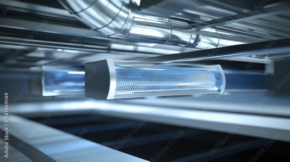 Poster a 3d blueprint illustration of an architectural ventilation system design, showcasing complex engine