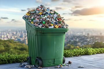 Overflowing green bin with mixed waste against city backdrop.