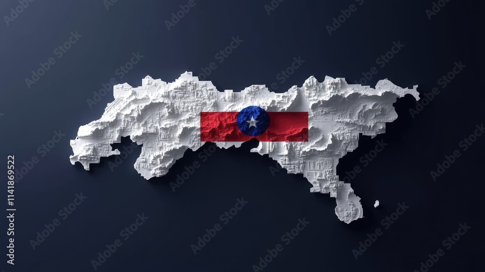 Poster a 3d white silhouette map of cambodia with the flag overlay, representing the country's geographical