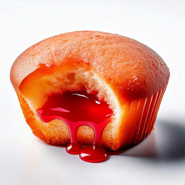 A cup cake cut in half, revealing the delicious strawberry filling inside