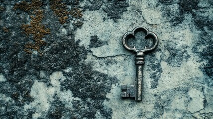 Antique key resting on weathered stone.