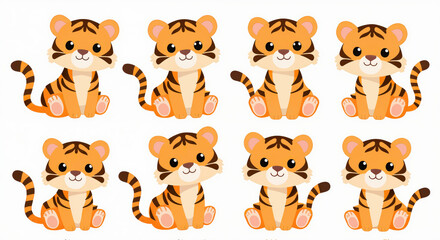 Fototapeta premium Cute Cartoon Tiger Cub Illustration Set - Adorable Tiger Character Designs for Children's Projects and Animal-Themed Decorations.