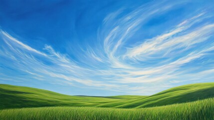 Obraz premium A bright and colorful landscape with green grass sloping downwards, set against a vivid blue sky with wispy clouds
