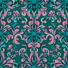 Damask Teal Pink Floral Pattern Seamless Repeat 