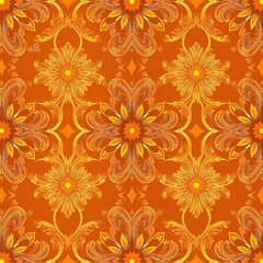 Autumnal Floral Pattern:  A vibrant, seamless textile design featuring intricate golden floral motifs on a rich burnt orange background. Perfect for autumn-themed projects and designs. 